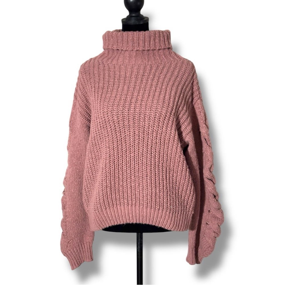 Vigoss Cozy Dusty Rose Rollover Knit Braided Sleeve Detail Turtleneck Sweater - Picture 5 of 16